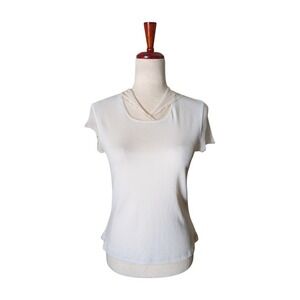 Poleci Cream Sheer Trim Cap Sleeve Hoodie Top Size‎ L